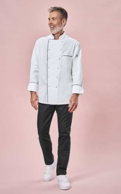 Chaqueta Chef GREIFF con ribete en burdeos, para hombre, manga larga, blanca